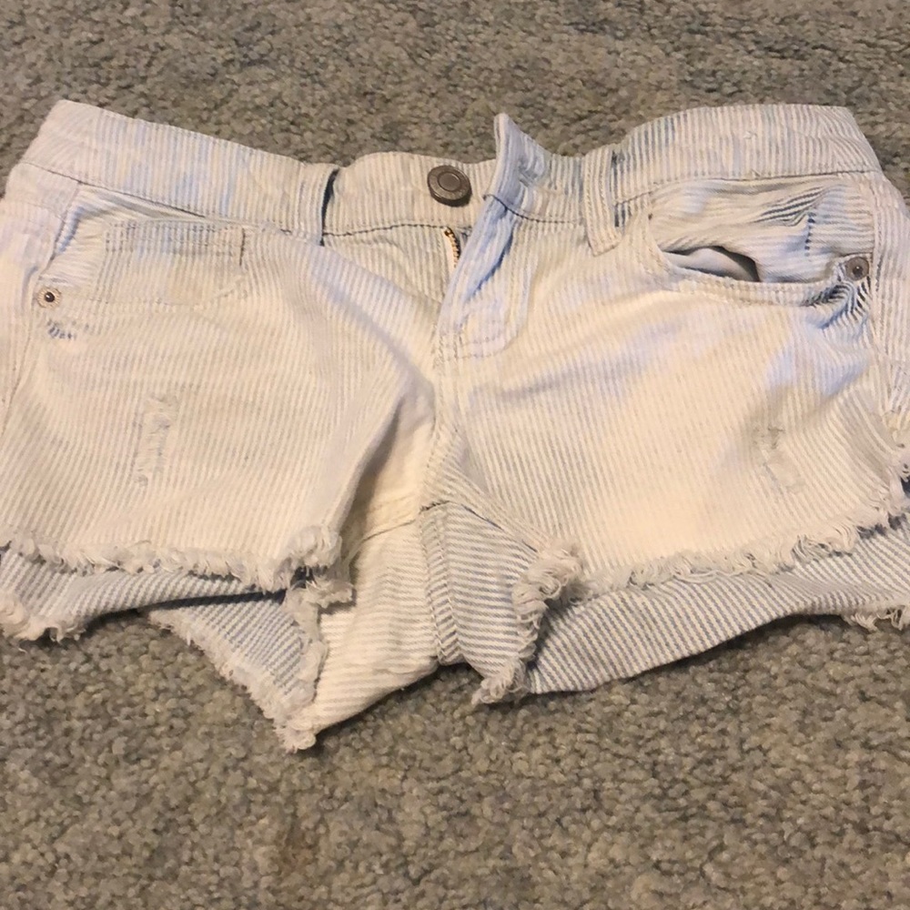 blue and white striped jean shorts